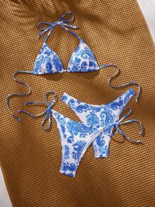 SHEIN Swim Bộ bikini in họa tiết Paisley thanh lịch dành cho nữ, kỳ nghỉ hè ở bãi biển - Xanh và trắng - Xem 5