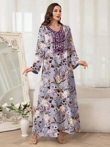 Al Najma 女士优雅花卉印花阿拉伯风格连衣裙，端庄 - 淺灰紫 - 查看 7