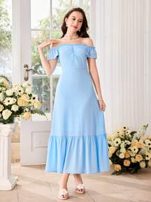 SHEIN Girlism Teen Girls Elegant Ruffled Off Shoulder Wedding/Wedding Guest Dress, With Ruffle Hem - Blue - View 8