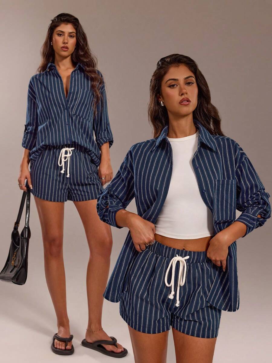 SHEIN Forever 21 Chemise bleue pour femmes, style printemps et été, convenant pour la Saint-Valentin, les occasions décontractées, vintage, festivals, concerts country, brunch, homecoming, Pâques, invités, thé, basique, concerts, bal de promo, mariage, festivals rave, tenues de soirée, western, cocktail, club, anniversaire, mignonne, chic, sortie, vacances, bureau, aéroport, style années 2000, streetwear - Bleu et Blanc - Voir 1