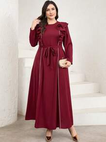Modelyn 大码女士土耳其荷叶边罩衫和传统阿拉伯长袍 - 酒紅色 - 查看 3