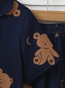 SHEIN Young Girl' 2pcs Set Apricot Casual & Comfy T-Shirt With Bear Print And Long Pants Home Outfit - Navy Blue - View 7