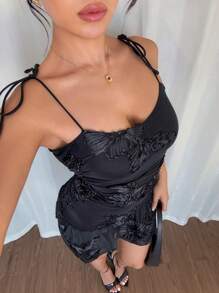 Elenzga Damen neue hochwertige elegante exquisite bestickte Netz-Mehrschichtiges Ärmellos Eng anliegendes Gerafftes Taillenschnürung Mini-Kleid mit Rüschensaum, Sexy, elegant, raffiniert für Party, Bankett - Schwarz - Übersicht 3