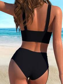 Swim Vcay 2 件套纯色十字领镂空抽绳性感时尚泳衣 - 黑色 - 查看 2