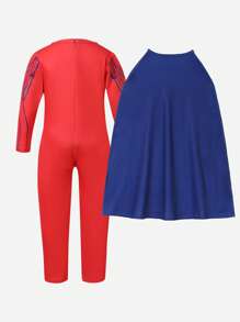 SHEIN 年轻男孩时尚酷炫图案印花斗篷背长袖连体衣，适合摆姿势、设计、时尚服装 - 紅色 - 查看 2