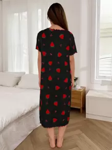 SHEIN 女士圆领休闲草莓心形印花短袖睡袍，Moo Moo - 彩色 - 查看 2