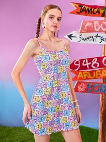 SHEIN X Care Bears Women's White Summer Y2K Cute Bear Print Mini Cami Dress Vacation Rave Outfits Festival Halter Neck Dress Cheer Bear Funshine Bear - Pink - View 4