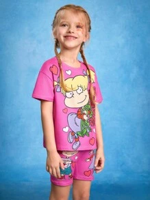 Nick 90s | SHEIN 年轻女孩卡通小男孩女孩玫瑰图案修身短款短袖 T 恤和短裤套装 - 粉色 - 查看 5