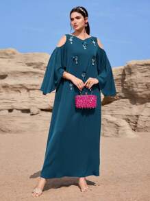 Al Najma 女士优雅水钻装饰露肩土耳其长裙和阿拉伯传统长袍 - 水鴨藍 - 查看 4