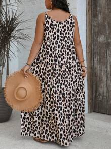 SHEIN VCAY Plus Size Women Leopard Print Ruffled Hem Casual Strap Pocket Dress Women Clothing Summer Dresses Vacation Women Maxi Dresses Long Summer Dress Women