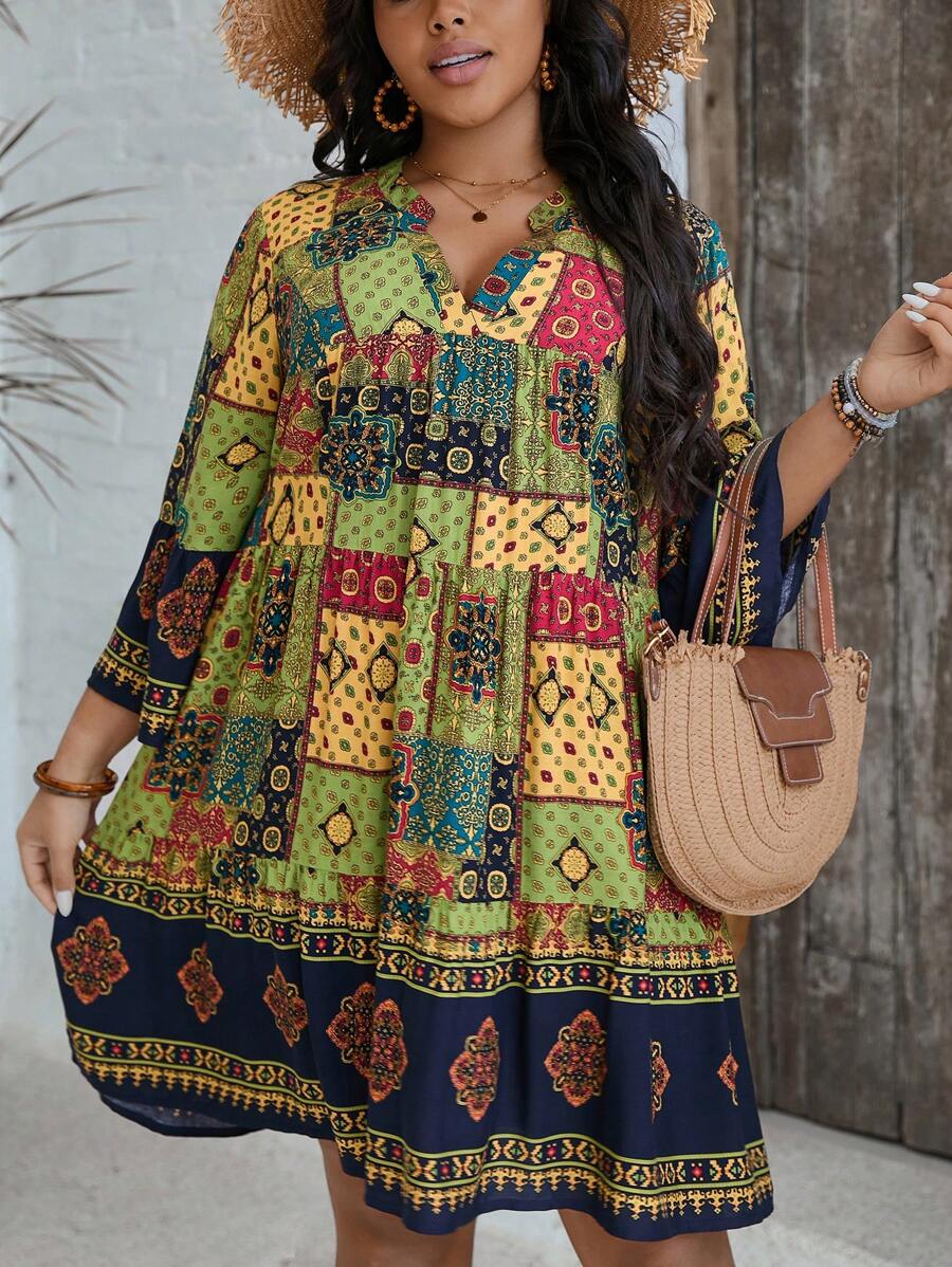 SHEIN VCAY Plus Size Vacation Casual Patchwork Print Dress Boho Women Clothing Women Plus Clothing Boho Women Clothing Boho Women Boho Dress Boho Plus Size Dress