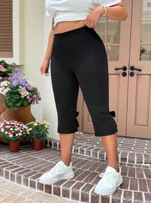 SHEIN EZwear Plus Size Women's Black 7/8 Length Casual Pants With Bow Decor
