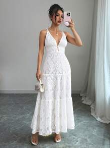 Rafferiza Women Elegant Sleeveless V-Neck Lace Dress - White - View 1