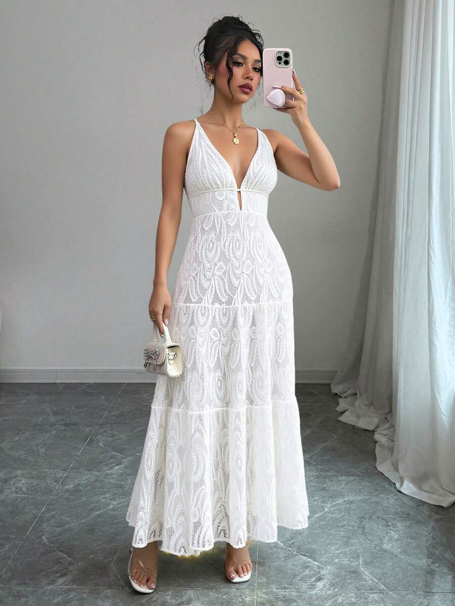 Rafferiza Women Elegant Sleeveless V-Neck Lace Dress - White - View 1