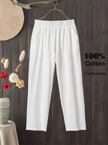 Rusticease Plus Size Solid Color Casual Minimalist Style White Pants Women, St Patrick Day Outfit,Summer Outfits For Women,Vacation Outfits Woman,Casual Everyday Wear