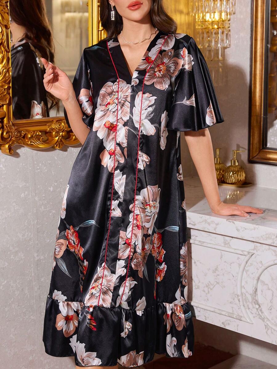 Women Elegant Floral Print Ruffle Trim Short Sleeve Satin Nightgown - Black - View 1