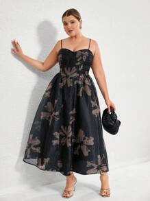 Aveloria Rosie Vestido de línea A para mujer, con base negra elegante estilo francés, estampado floral beige en tela de organza, costuras con copas de sujetador y cintura ceñida