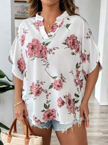 Breezaya Plus Size Ditsy Floral V-Neck Short Cap Sleeve Blouse
