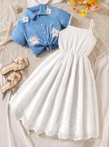 SHEIN مجموعة قطعتين تصميم قصير أكمام قميص وفستان برقبة محبوكة للفتيات المراهقات بتأثير جينز - متعدد الألوان - مشاهدة 1