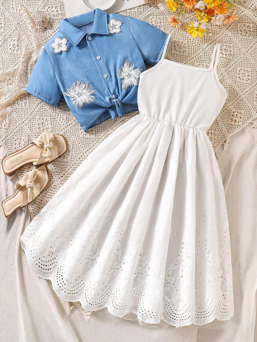 SHEIN مجموعة قطعتين تصميم قصير أكمام قميص وفستان برقبة محبوكة للفتيات المراهقات بتأثير جينز - متعدد الألوان - مشاهدة 1