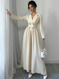 Selianne Langes Kleid für Damen mit Kragen und langen Ärmeln, hochwertiges A-Linien-Design, Herbst/Winter Maxikleid für Damen