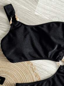 SHEIN Swim Solid Color Ribbed Fabric One-Shoulder Hollow-Out Decoration One-Piece Swimsuit For Summer Beach Vacation - Black - View 5