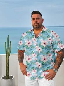 Manfinity RSRT Fashionable & Casual Holiday Style Botanical Floral Allover Digital Print Men's Button-Down Collared Fit Short Sleeve Shirt, Suitable For Outdoor, Dating, Party Occasions, Great Gift For Boyfriend - Blue - View 5