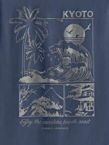 EASEVO Plus Size Men Palm Tree & Slogan Printed Round Neck Short Sleeve T-Shirt And Shorts Casual Suit - Dusty Blue - View 5