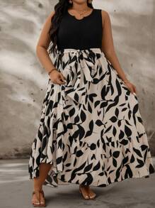 SHEIN CURVE+ Plus Size Resort Style Top, Printed Fabric Patchwork With Flared Design