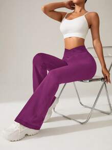 Easithlete Women's Solid Color Asymmetric Waistline Daily Fitness Flare Workout Pants - Purple - View 6