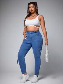 SHEIN EZwear Plus Size Washed Slim Fit Casual Cargo Jeans - Medium Wash - View 5
