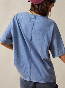 Bohemela Boho-Western-Stil Unifarben gestricktes Muster Rundhals kurzärmelig luftige Damen T-Shirt, Frühling/Sommer