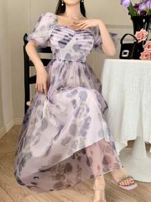 DAZY Women Mid-Calf V-Neck Pleated Rose Floral Print Casual Dress, Summer Boho Vacation Outfits Women - Mauve Purple - View 4