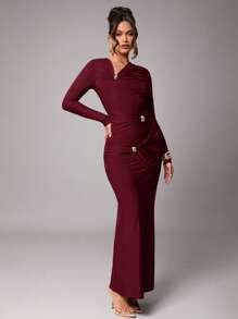 Silquee 女士优雅重叠设计长袖连衣裙，金属扣装饰，焦糖色、驼色、弹力针织面料，适合鸡尾酒会、约会之夜、冬季婚礼、伴娘、舞会、万圣节、圣诞节 - 酒紅色 - 查看 3