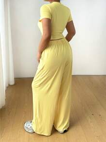 Flirla 2pcs/Set Casual Crew Neck Knitted Pullover T-Shirt And Wide-Leg Pants With Elastic Waist - Yellow - View 2