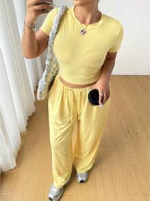 Flirla 2pcs/Set Casual Crew Neck Knitted Pullover T-Shirt And Wide-Leg Pants With Elastic Waist - Yellow - View 3