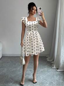 Elenzga Women Bow Print Ruffle Trim Short Dress Suitable For Summer - Apricot - View 4