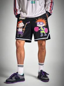 Nick 90s X SHEIN Heren Casual Losse Gebreide Cartoon Figuur Grafische Zwarte Shorts, Voor Basketbal