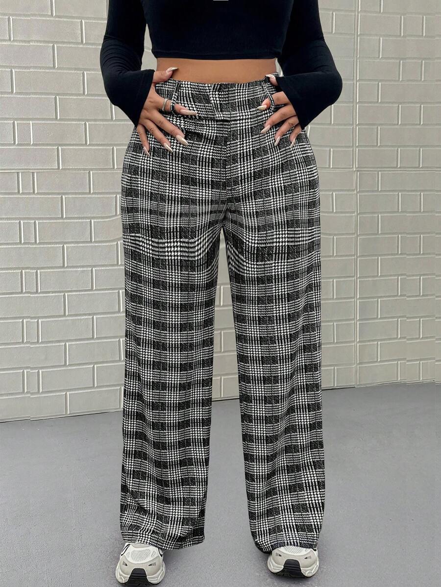 Flirla Plus Size Casual Plaid Print Straight Leg Suit Pants - Black and White - View 1