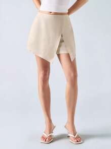 LYSMO Casual Plain Color Split Hem Shorts Skirt, Summer - Apricot - View 4