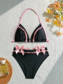 SHEIN Teen Girls' Black Contrast Color Elegant Vacation Bowknot Strap Bikini Set, Suitable For Beach, Holiday - Black - View 7