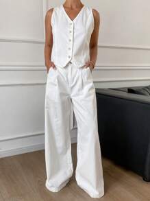 DAZY Women Single-Breasted Casual Denim Vest And Loose Fit Jeans Set - White - View 7