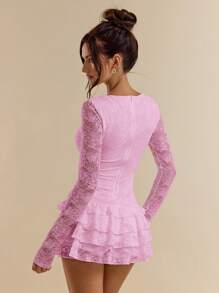 SHEIN BAE 女士纯色优雅花卉蕾丝长袖分层荷叶边下摆迷你连衣裙，适合夜间外出、俱乐部、生日派对、情人节 - 淺粉色 - 查看 2