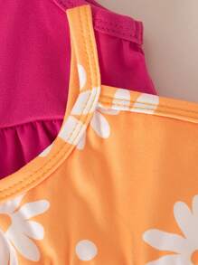 3 件套女婴花卉印花无袖连衣裙和纯色连衣裙套装，夏季可爱花卉连衣裙 - 彩色 - 查看 3