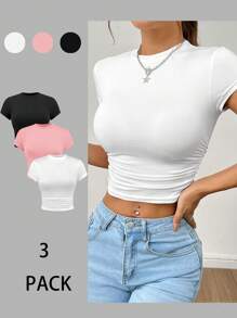 SHEIN PETITE Set de 3 piezas de camiseta de mujer de manga corta con pliegues para el verano - Multicolor - Ver 3