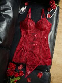 Set de 2 piezas Conjunto de lencería de encaje y tanga para talla grande - Burdeos - Ver 6