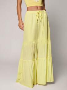 TRNVIE Casual Yellow Low-Waist Wrap Long Skirt