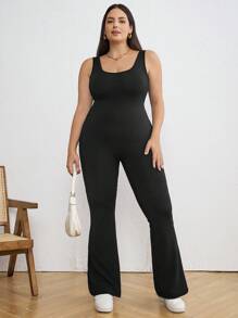 SHEIN Tall CURVE Plus Solid Color Hollow Out Flare Skinny Jumpsuit - Black - View 8