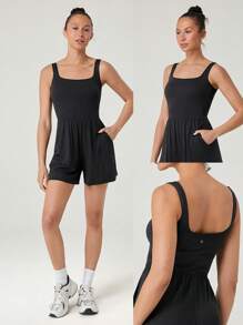 GLOWMODE 4.3 英寸莫代尔丝滑阔腿可调节紧身连体裤带侧袋日常休闲装可拆卸罩杯 - 黑色 - 查看 6