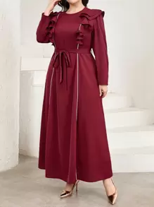 Modelyn 大码女士土耳其荷叶边罩衫和传统阿拉伯长袍 - 酒紅色 - 查看 4